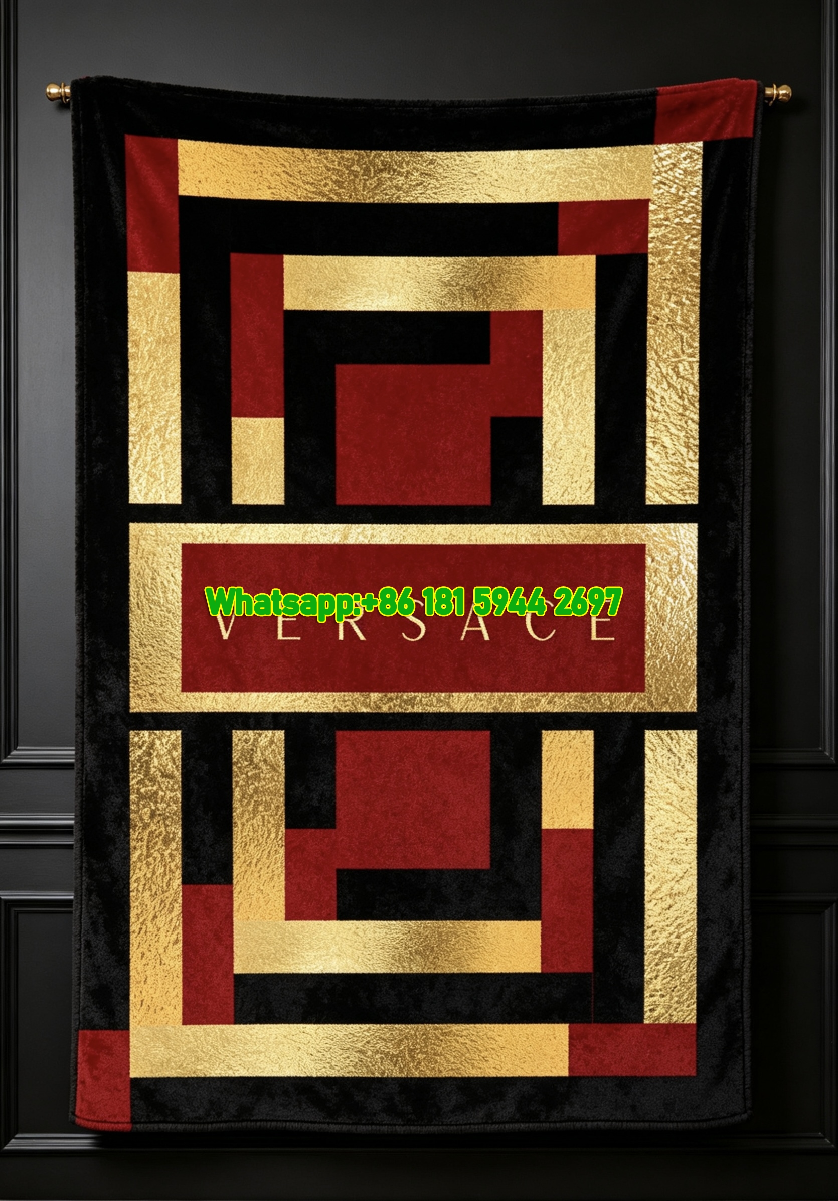 Red Gold and Black Versace Geometric Greek Key Fleece Throw Blanket IMG_1369